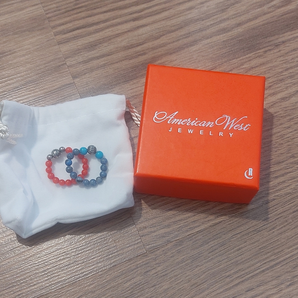 Two Carolyn Pollack Relios Red and Blue Beaded Ring Set